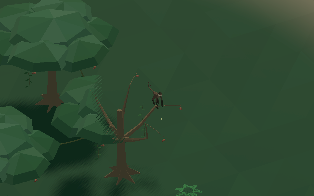 A monkey visible on branches through a local opening in the jungle canopy