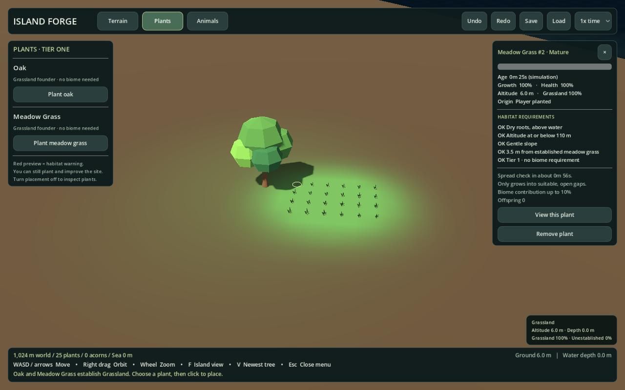 Early oak and meadow grass surrounded by a green grassland patch on barren ground