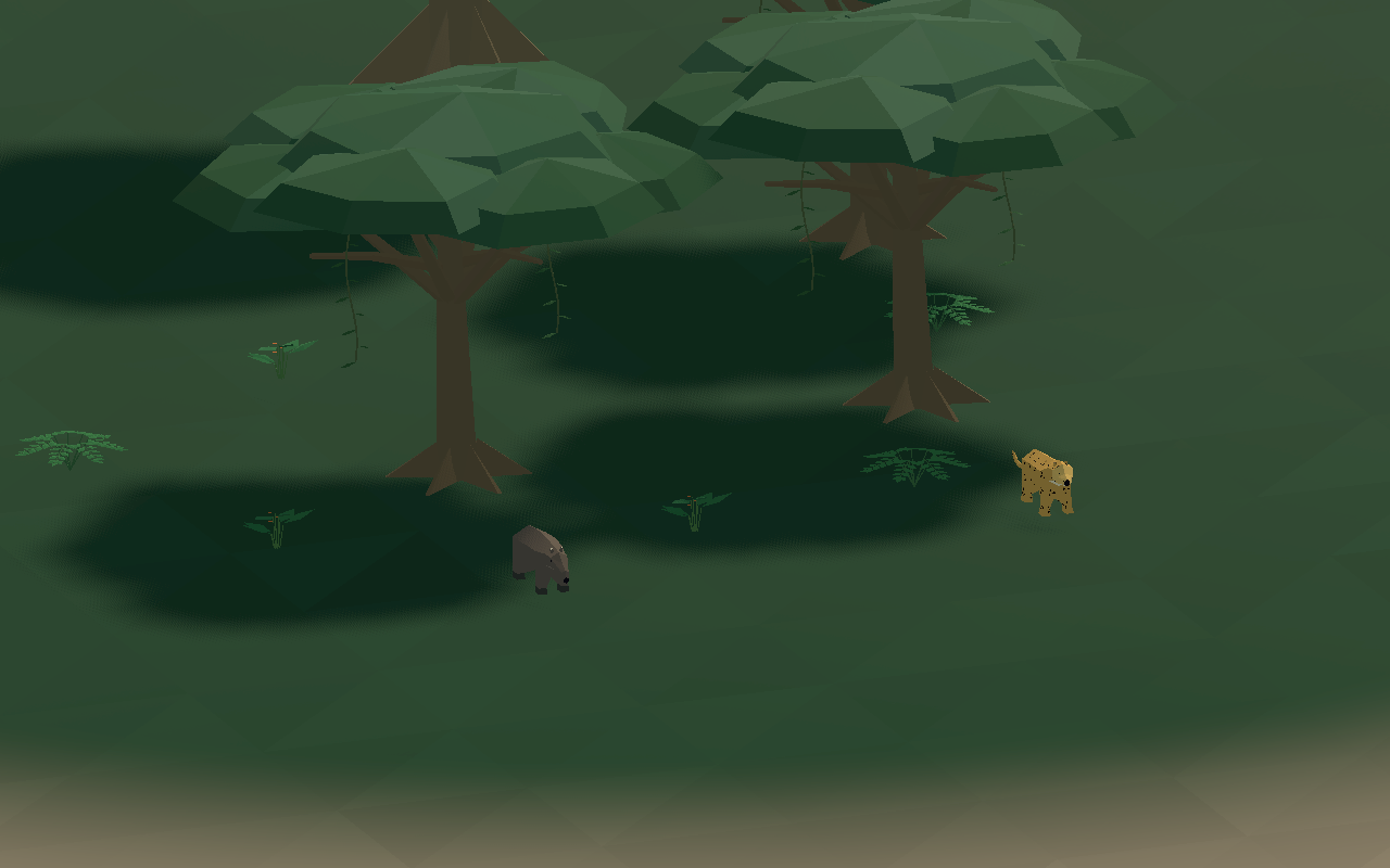 Low-poly jungle trees, ground plants, a tapir, and a spotted cat in a staged Island Forge scene