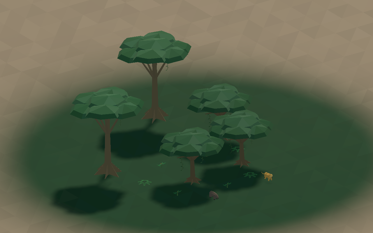 Staged Island Forge runtime scene with low-poly jungle trees and wildlife on island terrain